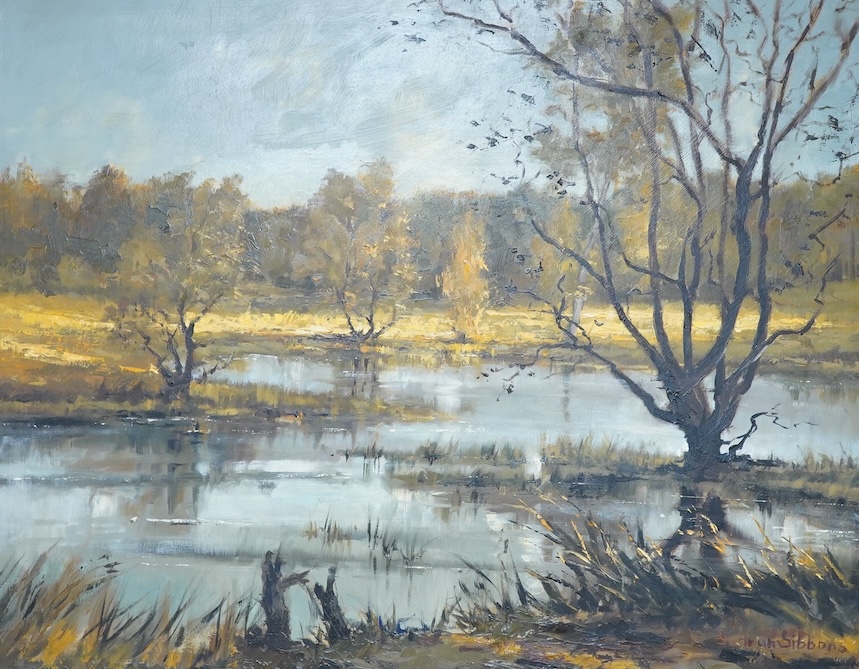 Gudrun Sibbons (1924-2020), Riverscape, signed, oil on board, 39 x 49cm